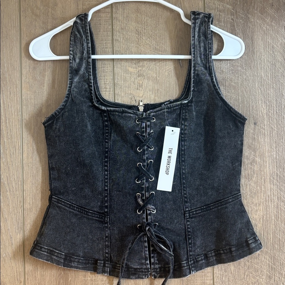 NWT black denim lace up top - Picture 2 of 4